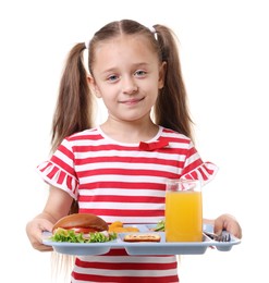 Photo of Little girl with tray of tasty food on white background