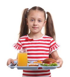 Photo of Little girl with tray of tasty food on white background