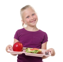 Photo of Little girl with tray of tasty food on white background