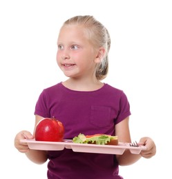 Photo of Little girl with tray of tasty food on white background