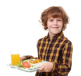 Photo of Little boy with tray of tasty food on white background