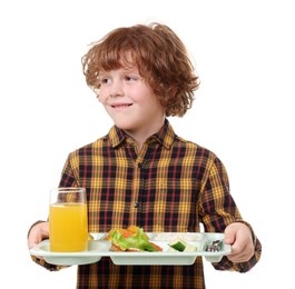 Photo of Little boy with tray of tasty food on white background