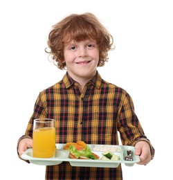 Photo of Little boy with tray of tasty food on white background