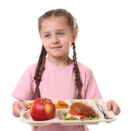 Photo of Little girl with tray of tasty food on white background