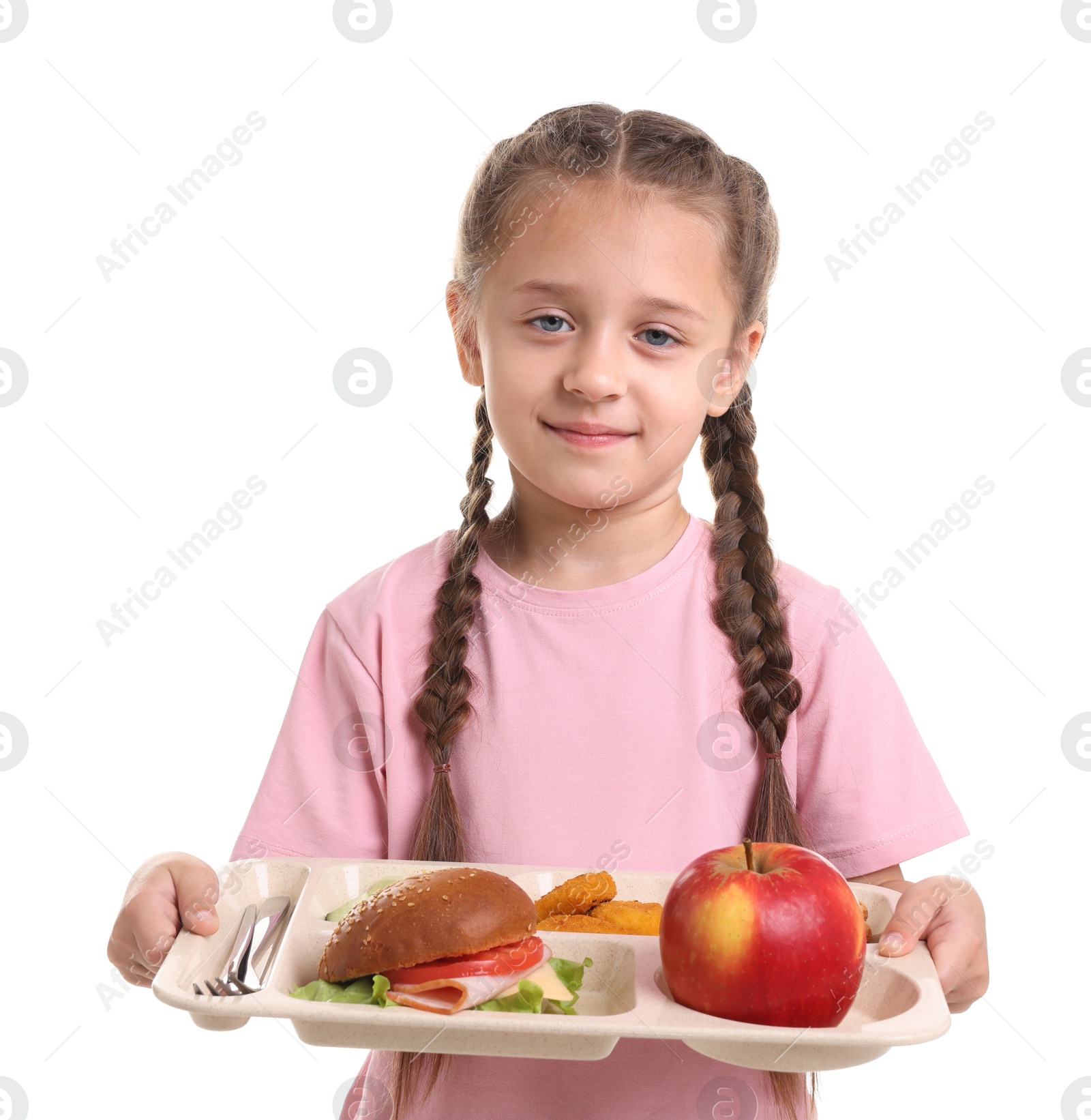 Little girl with tray of tasty food on white background Photo of Little girl with tray of tasty food on white background