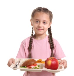 Photo of Little girl with tray of tasty food on white background