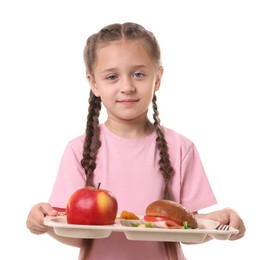 Photo of Little girl with tray of tasty food on white background