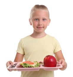 Photo of Little girl with tray of tasty food on white background
