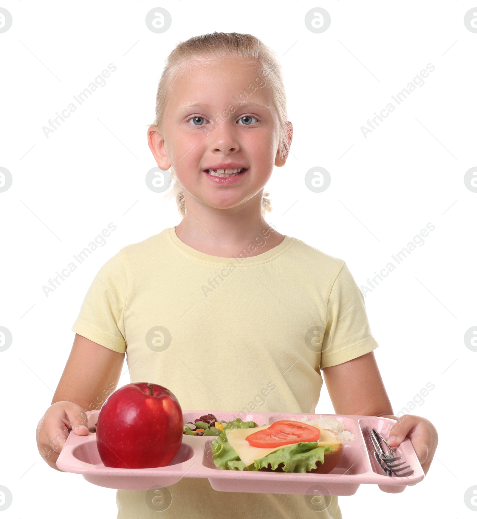Photo of Little girl with tray of tasty food on white background