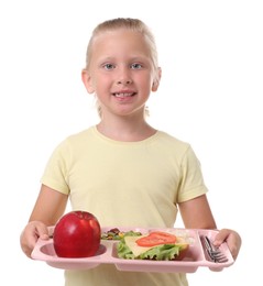 Photo of Little girl with tray of tasty food on white background