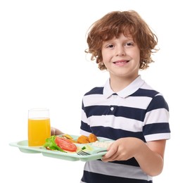 Photo of Little boy with tray of tasty food on white background