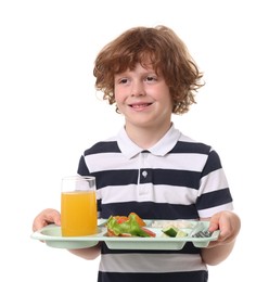 Photo of Little boy with tray of tasty food on white background