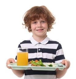 Photo of Little boy with tray of tasty food on white background