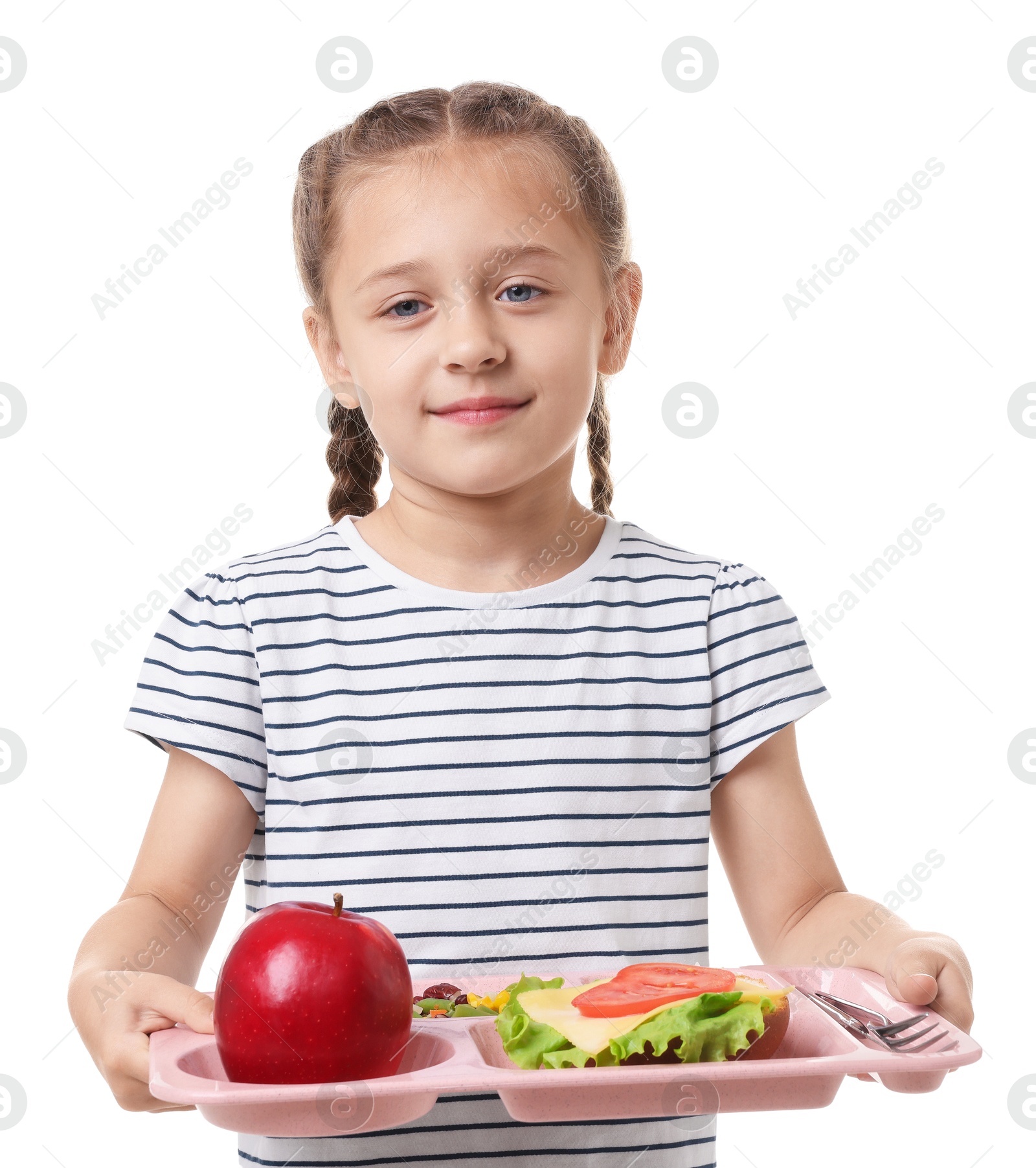 Little girl with tray of tasty food on white background Photo of Little girl with tray of tasty food on white background