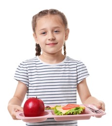 Photo of Little girl with tray of tasty food on white background