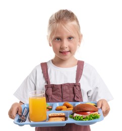 Photo of Little girl with tray of tasty food on white background