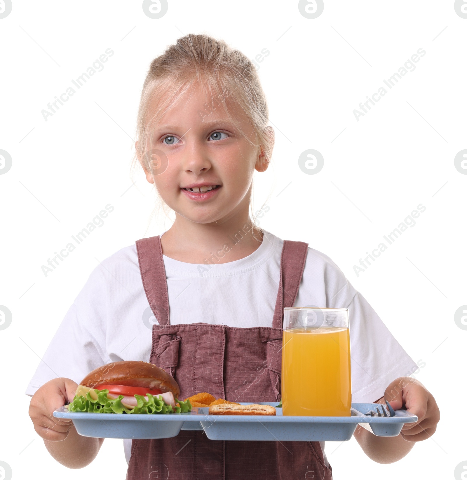 Little girl with tray of tasty food on white background Photo of Little girl with tray of tasty food on white background