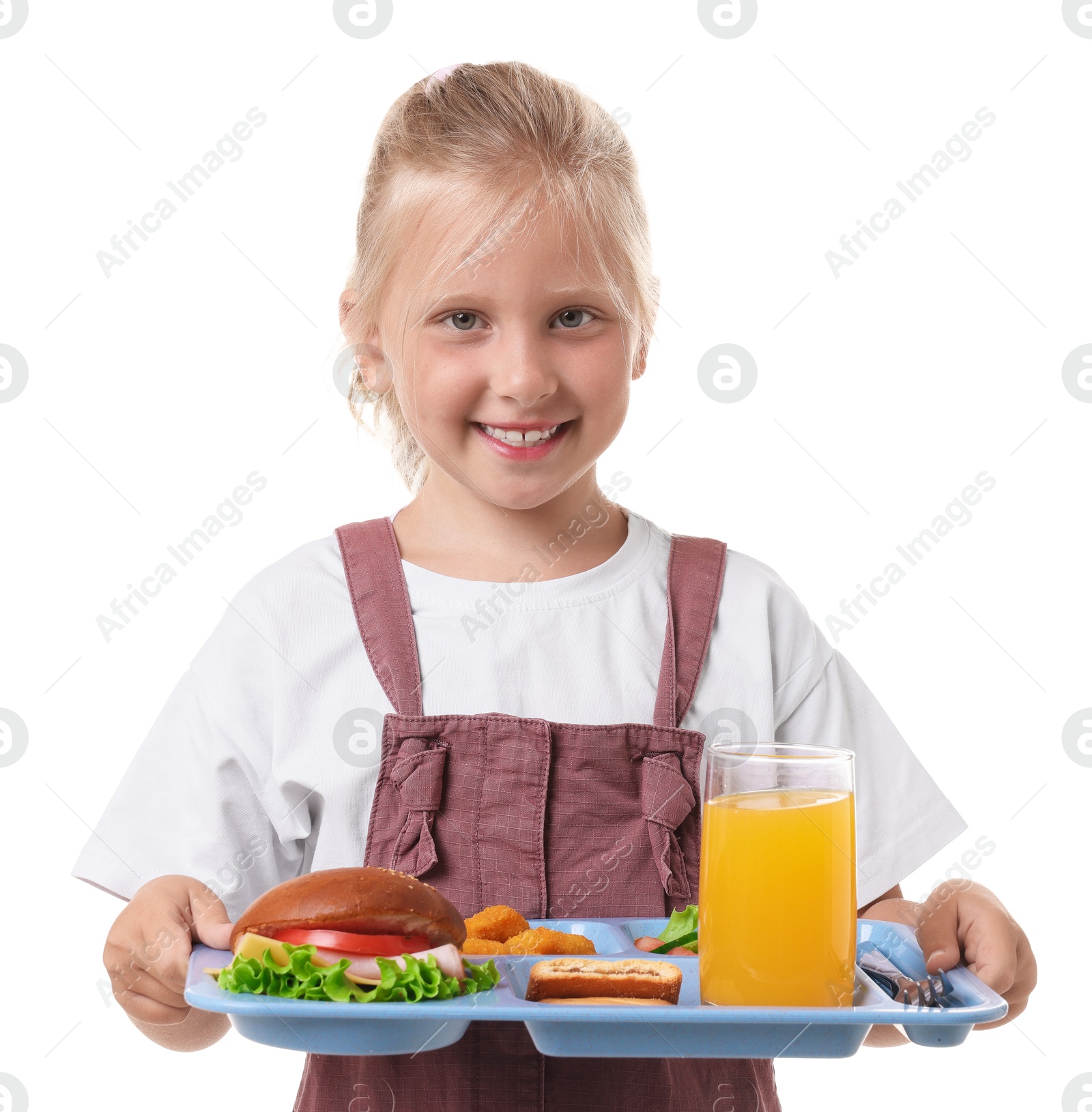 Little girl with tray of tasty food on white background Photo of Little girl with tray of tasty food on white background