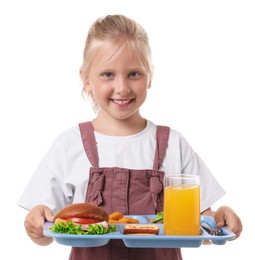 Photo of Little girl with tray of tasty food on white background