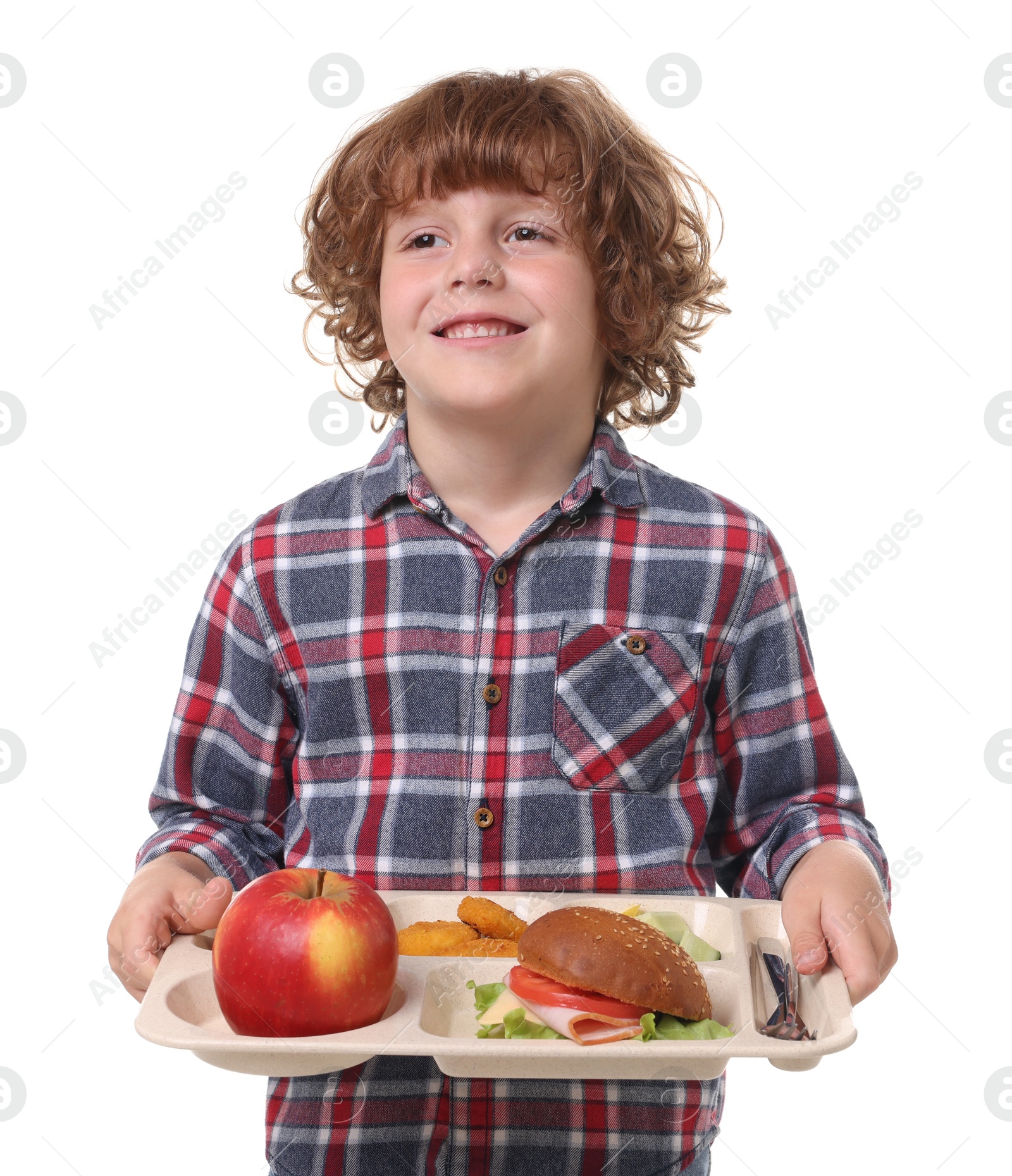 Little boy with tray of tasty food on white background Photo of Little boy with tray of tasty food on white background