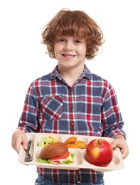 Photo of Little boy with tray of tasty food on white background