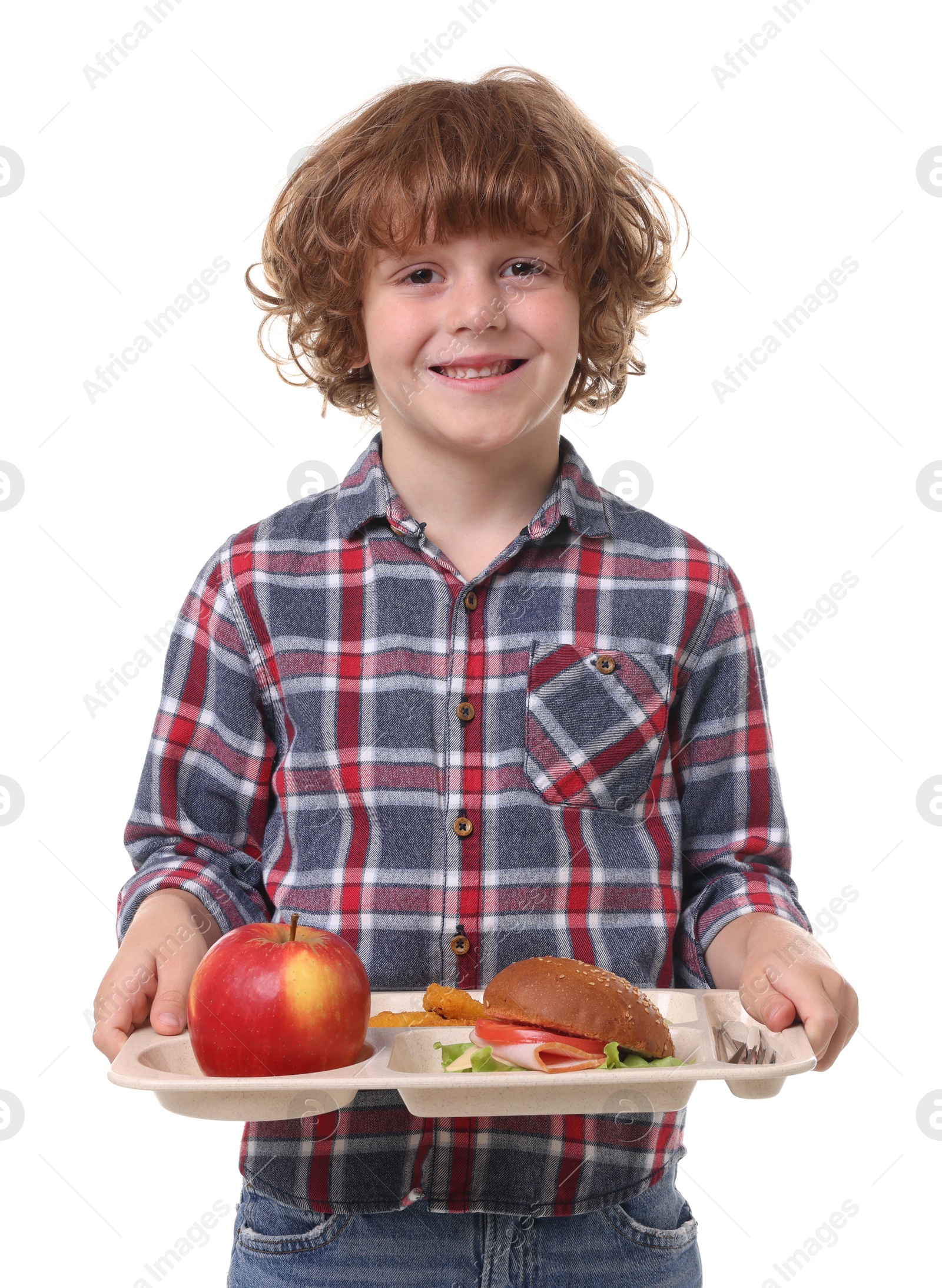 Little boy with tray of tasty food on white background Photo of Little boy with tray of tasty food on white background