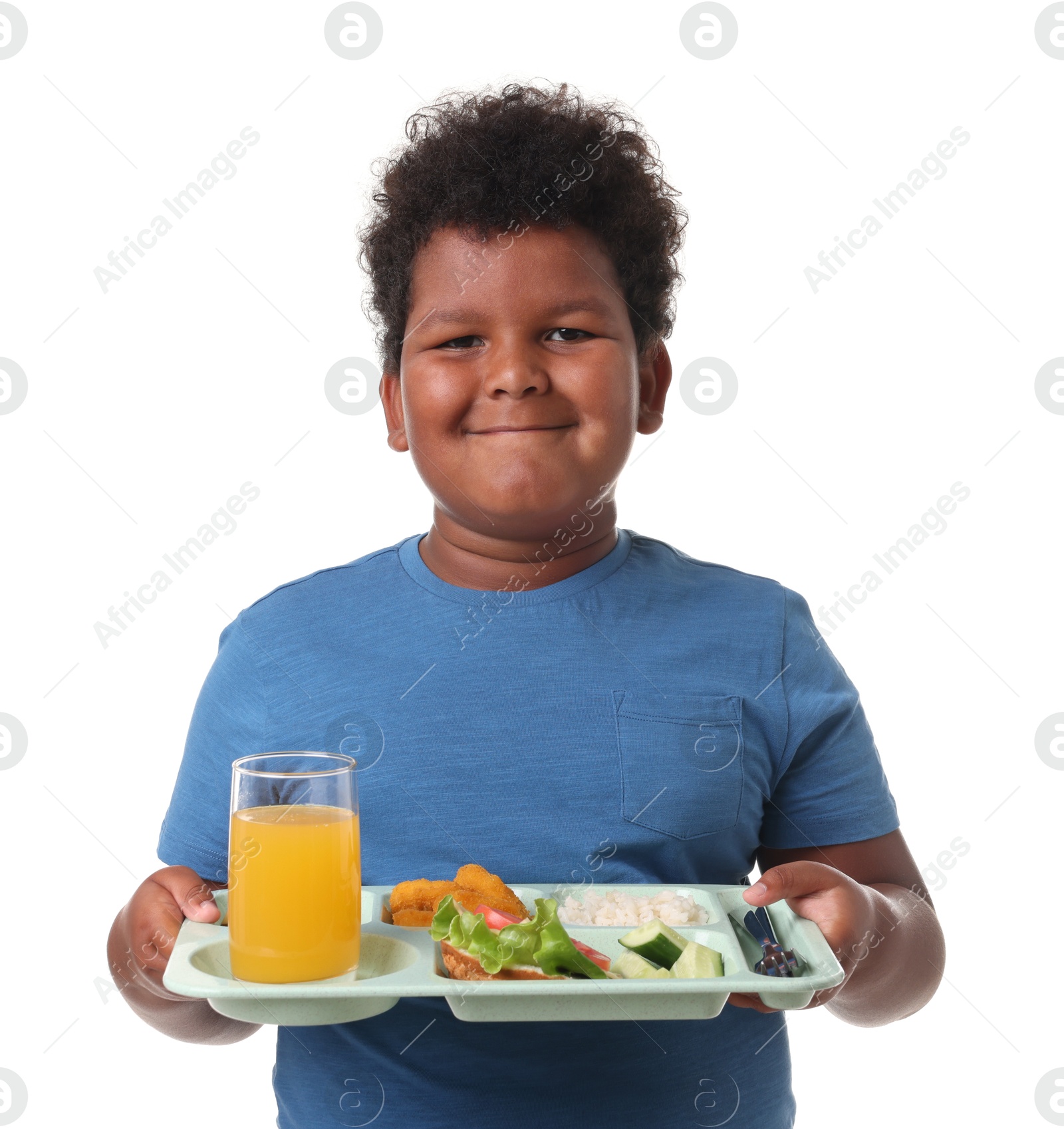 Little boy with tray of tasty food on white background Photo of Little boy with tray of tasty food on white background