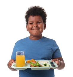 Photo of Little boy with tray of tasty food on white background