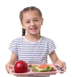 Photo of Little girl with tray of tasty food on white background