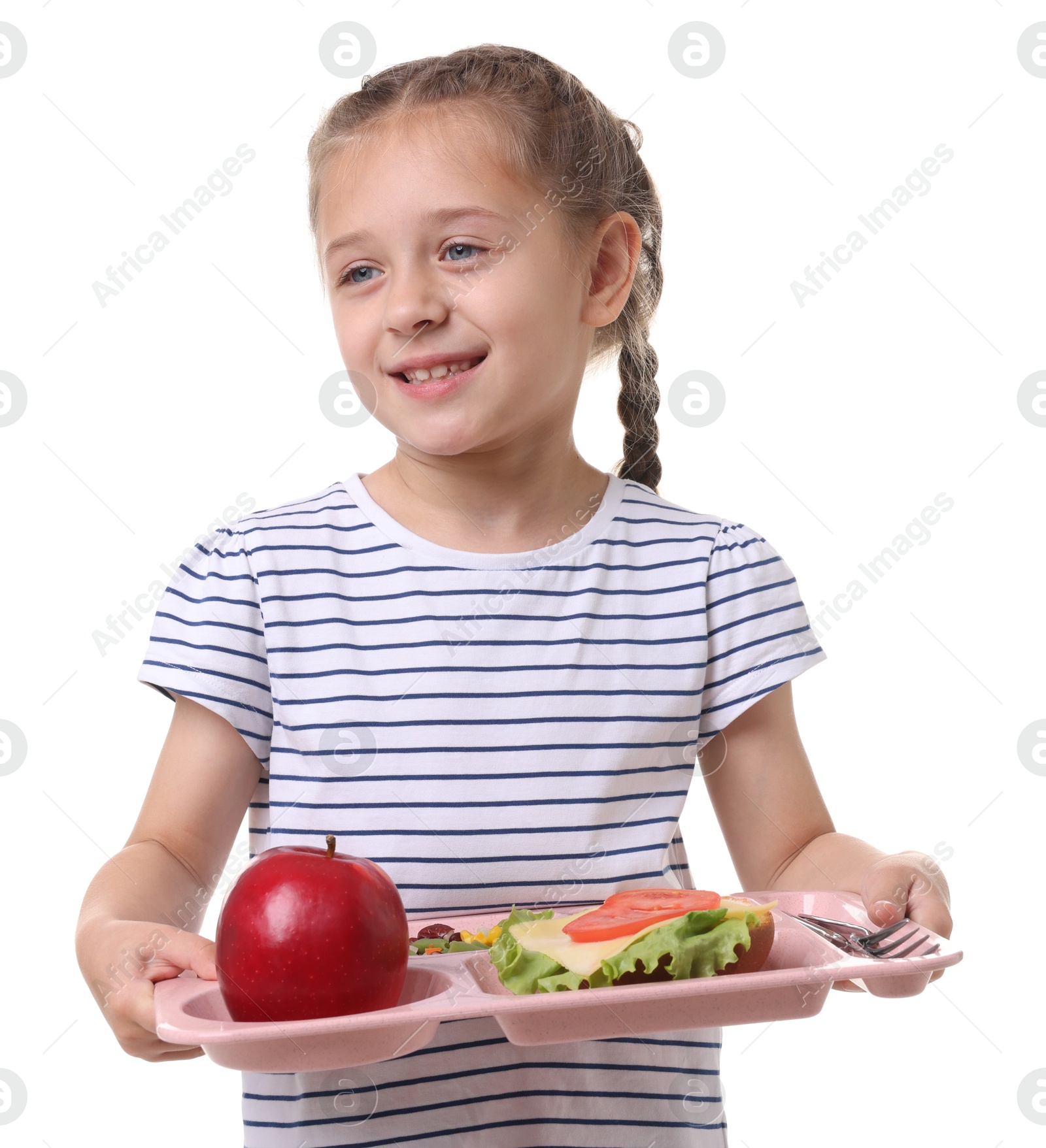 Photo of Little girl with tray of tasty food on white background