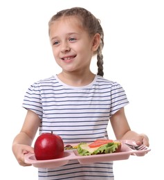 Photo of Little girl with tray of tasty food on white background