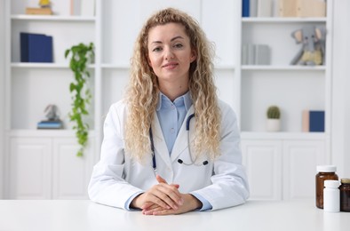 Photo of Pediatrician having video call with patient, view from camera