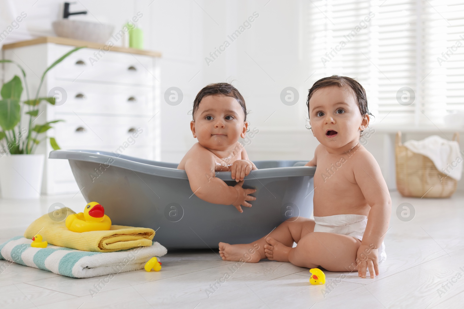 Cute little twin brothers bathing at home Photo of Cute little twin brothers bathing at home