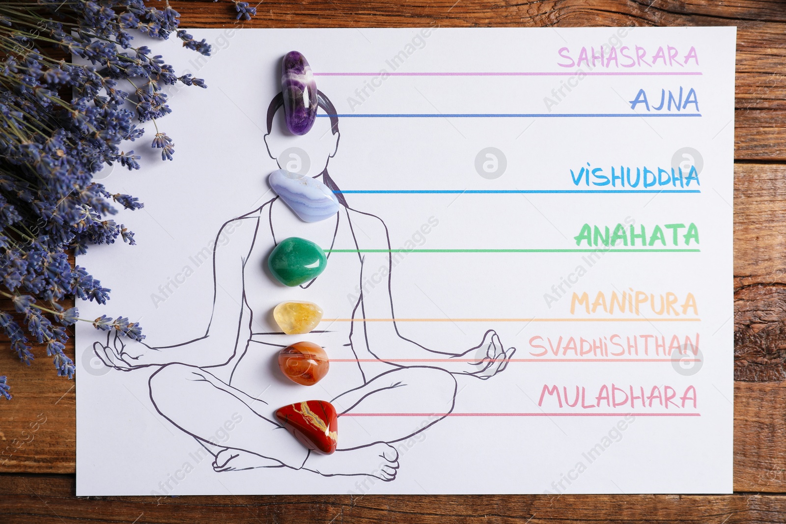Paper sheet with chakras names and location in body, gemstones, lavender flowers on wooden table, top view Photo of Paper sheet with chakras names and location in body, gemstones, lavender flowers on wooden table, top view