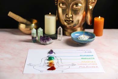 Photo of Paper sheet with chakras names and gemstones on body drawing on table