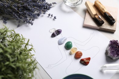 Photo of Human drawing with gemstones placed on chakras, plants and palo santo against white background, closeup