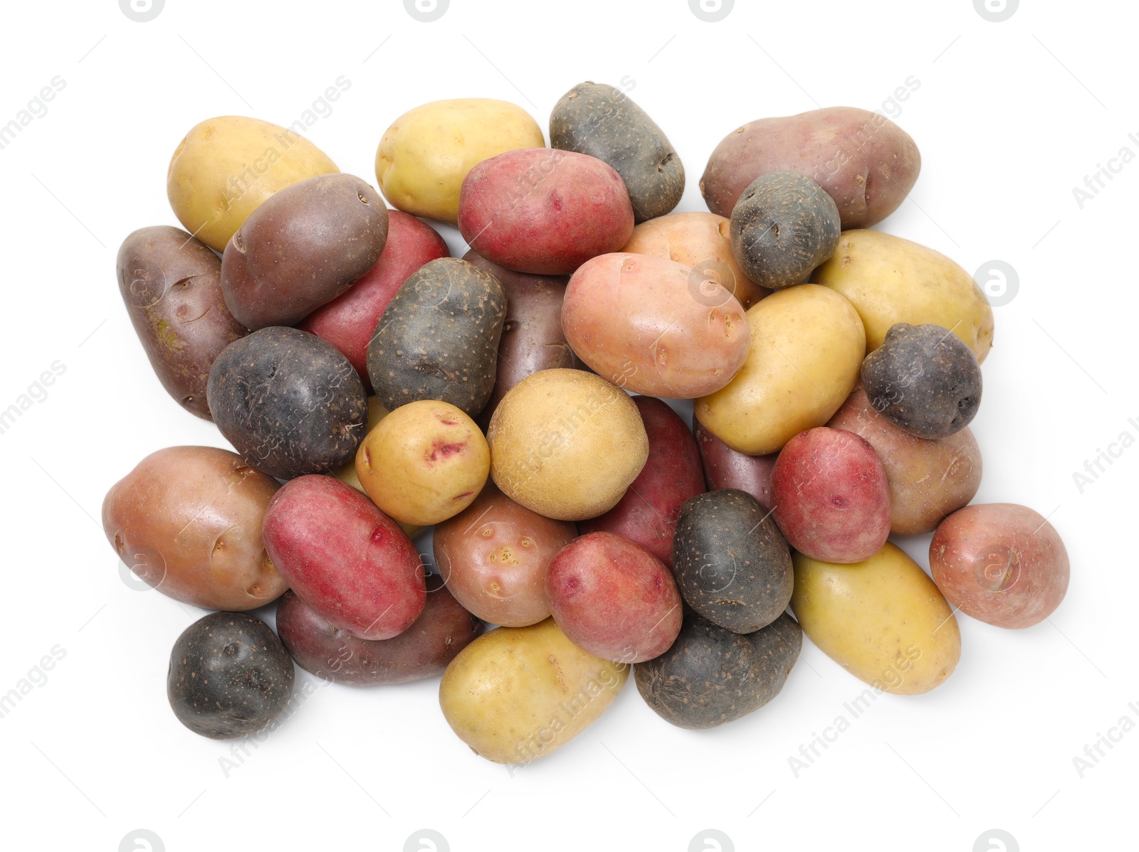 Photo of Different types of potatoes isolated on white, top view