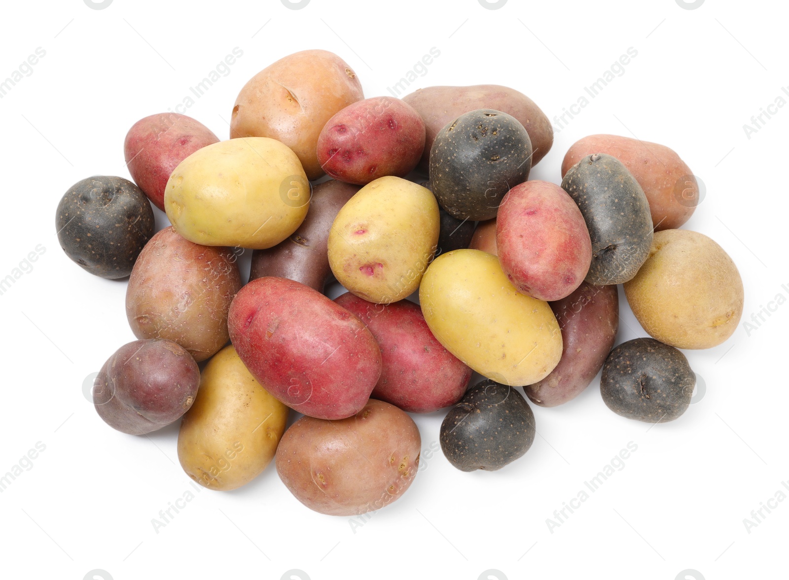 Photo of Different types of potatoes isolated on white, top view