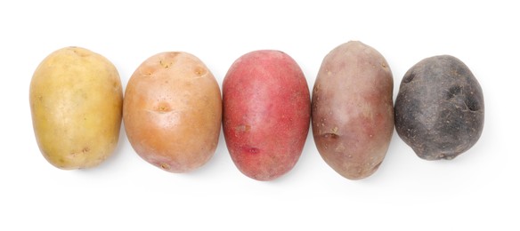 Photo of Different types of potatoes isolated on white, top view