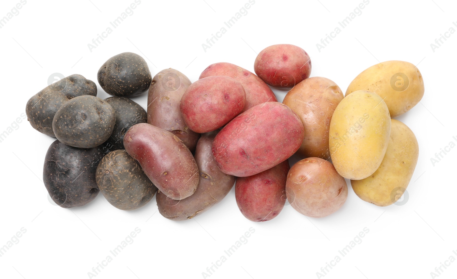 Photo of Different types of potatoes isolated on white, top view