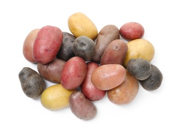 Photo of Different types of potatoes isolated on white, top view