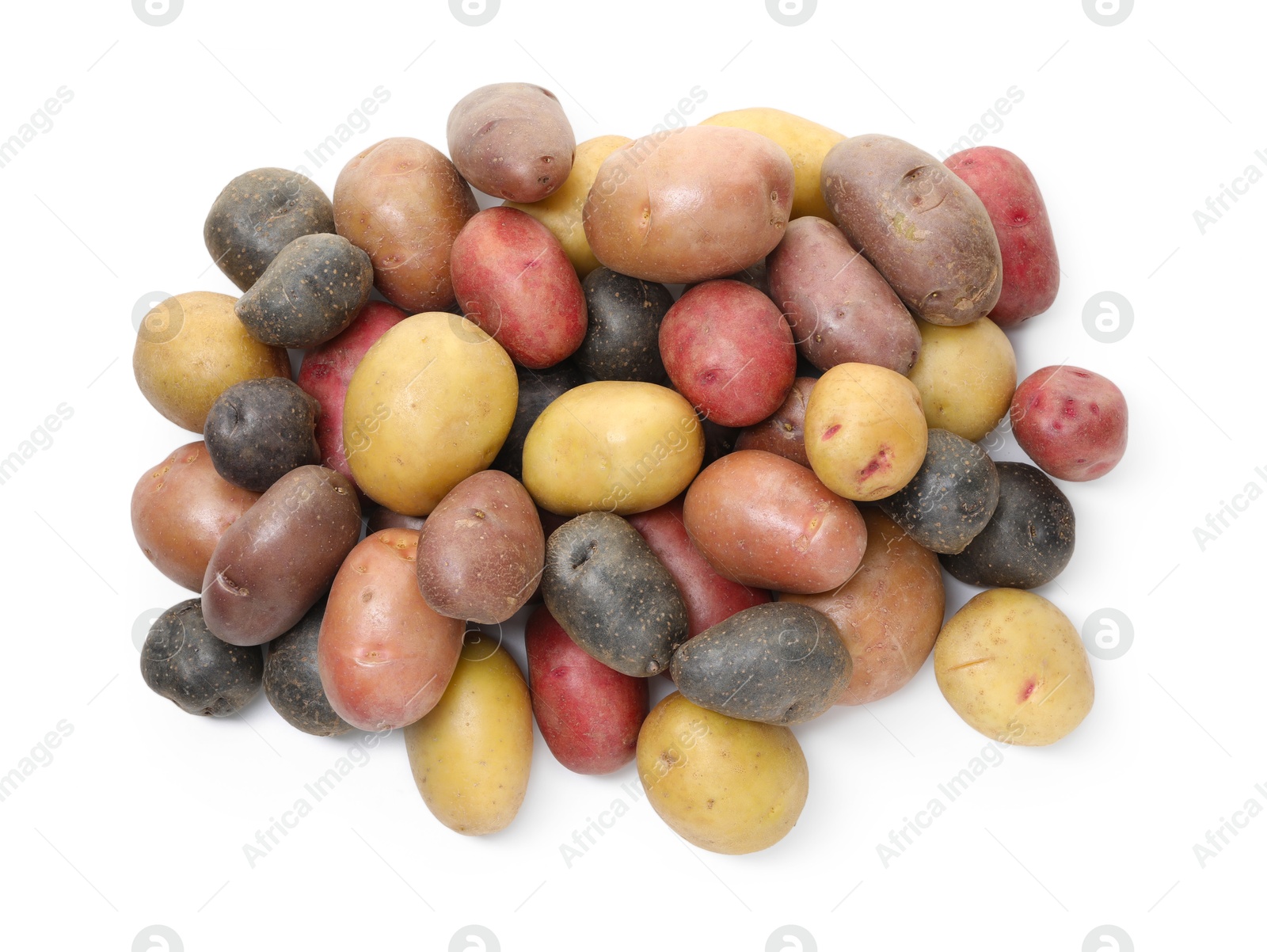 Photo of Different types of potatoes isolated on white, top view