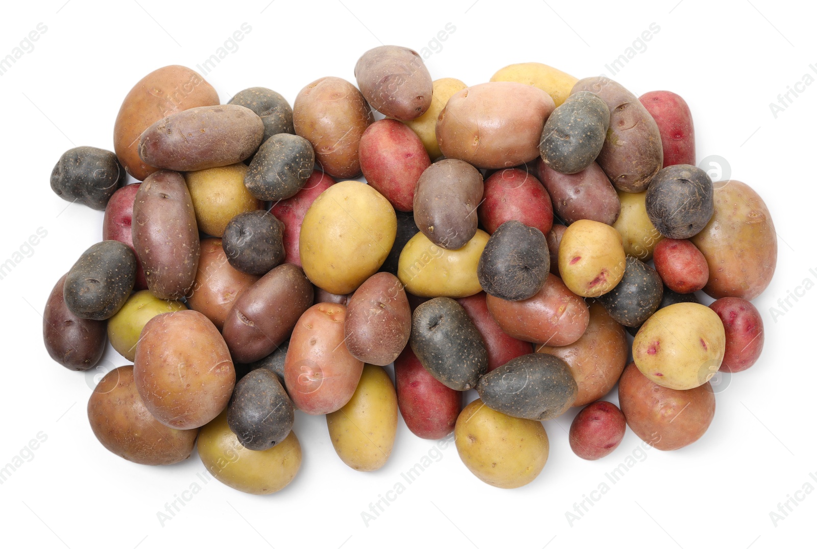 Photo of Different types of potatoes isolated on white, top view