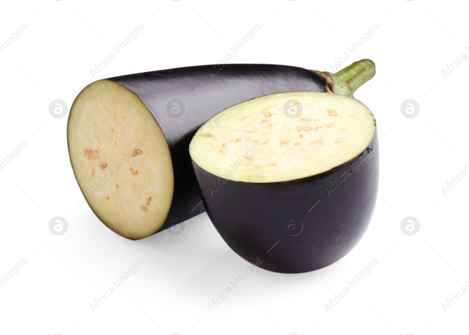 Photo of Pieces of raw eggplant isolated on white