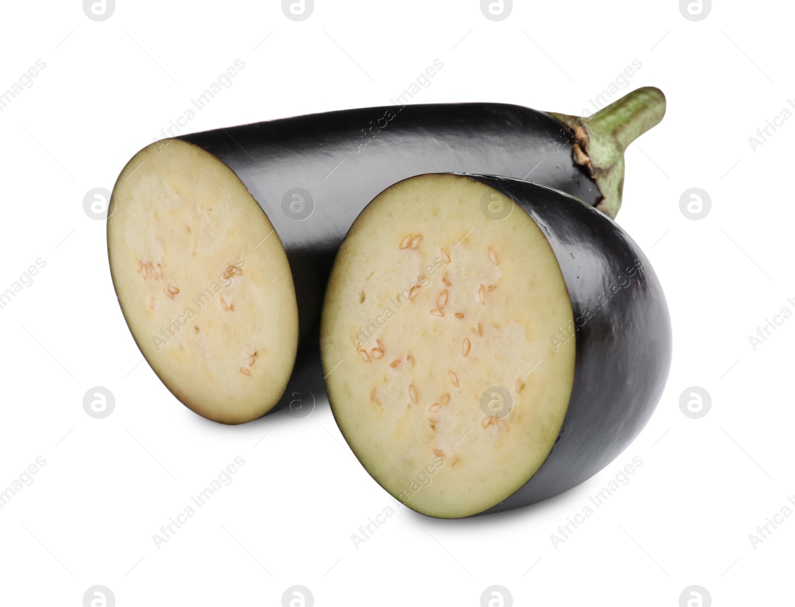 Photo of Pieces of raw eggplant isolated on white