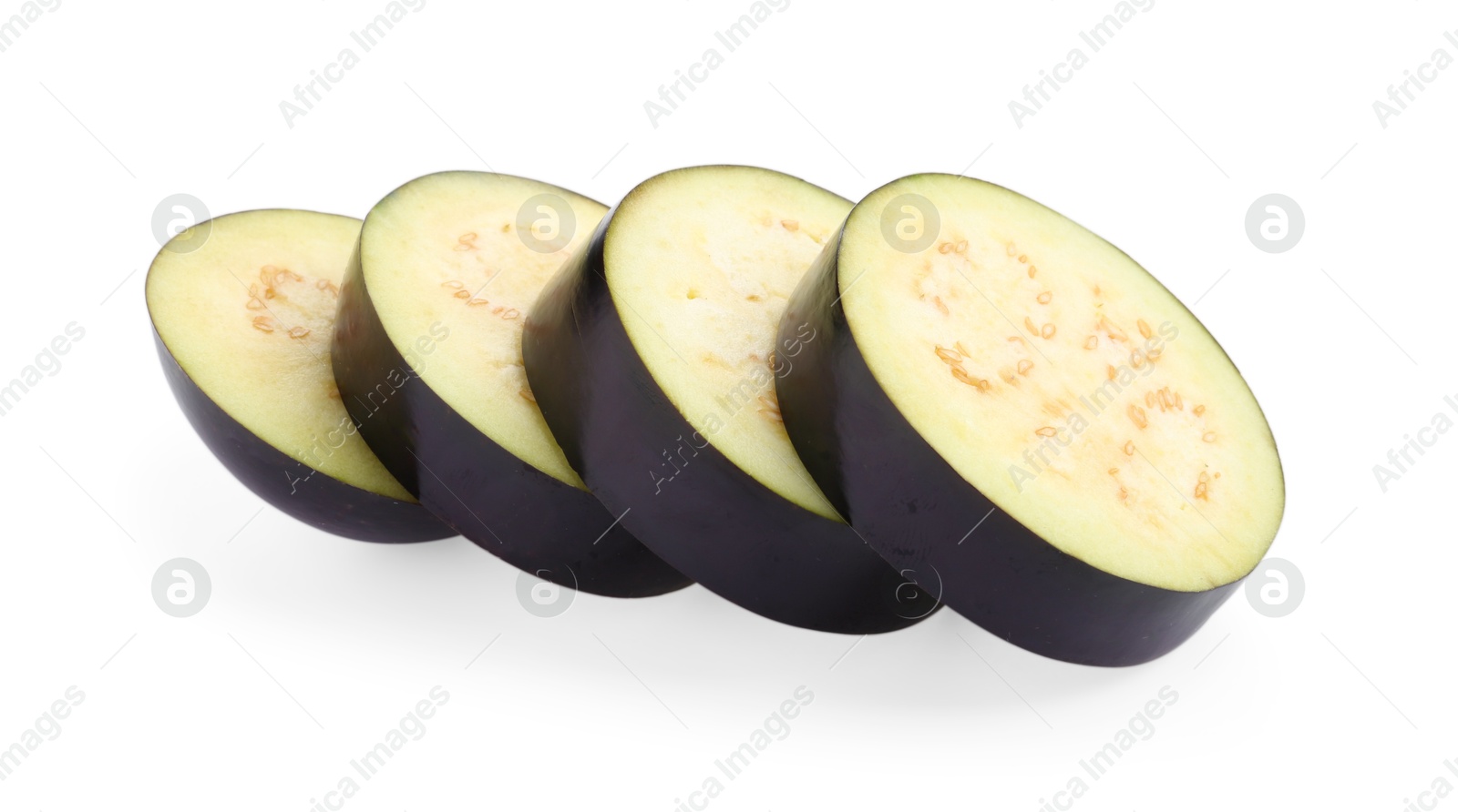 Photo of Slices of raw eggplant isolated on white