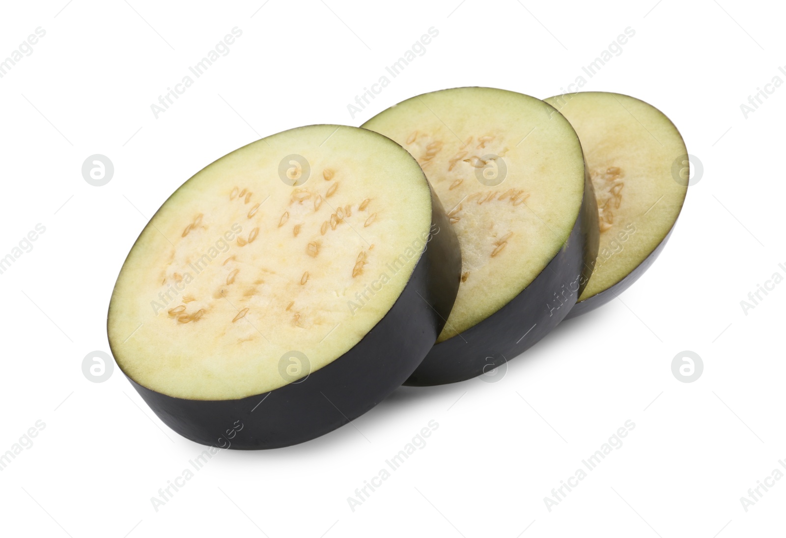 Photo of Slices of raw eggplant isolated on white