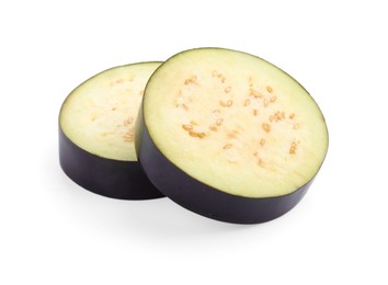 Photo of Slices of raw eggplant isolated on white