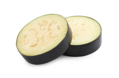 Photo of Slices of raw eggplant isolated on white