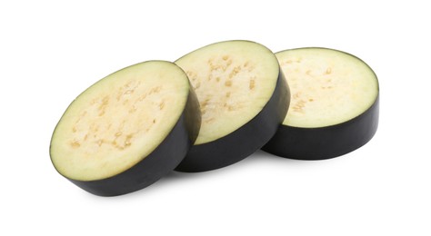 Photo of Slices of raw eggplant isolated on white